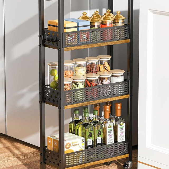 Giwil 4-Tier Slim Rolling Storage Cart for Kitchen Bathroom Organizer, Mobile Narrow Storage Cabinet Utility Cart with Wood Rack on Wheels for Pantry Laundry Small Space