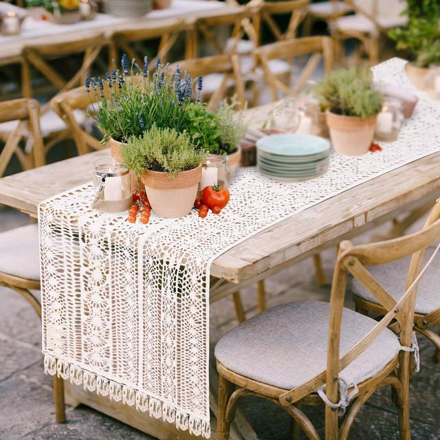 Ruisita 2 Pieces Cotton Crochet Lace Table Runner Wedding Table Runner Table Runner with Tassels Woven Lace Dining Table Runner for Wedding Bridal Party Home Decor 15 x 72 Inches, Ivory