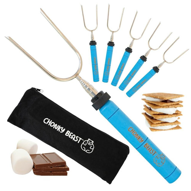 Smores Sticks for fire pit -Set of 6- Extra Strong Extendable Marshmallow Roasting Sticks w/Reinforced Joints -Rotating Stainless Steel Marshmallow sticks for fire pit, Hot dog Sticks for Campfire