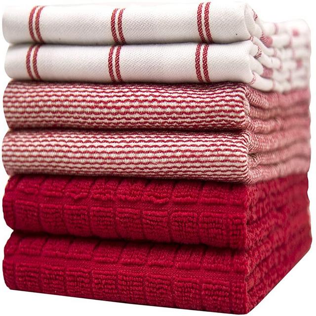 Premium Kitchen Towels (20”x 28”, 6 Pack) – Large Cotton Kitchen Hand Towels – Check Flat & Terry Towel – Highly Absorbent Tea Towels Set with Hanging Loop – Red