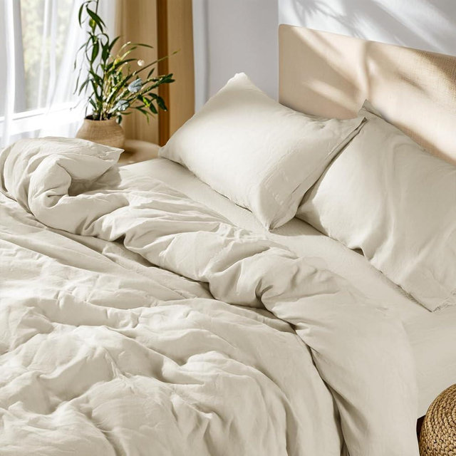 SONORO KATE 100% French Linen Duvet Cover Queen Size, Soft Breathable for Hot Sleepers, Moisture Wicking & Durable Cover Set - Zipper Closure & 4 Corner Ties Duvet Covers 3 Piece (Cream,Queen)