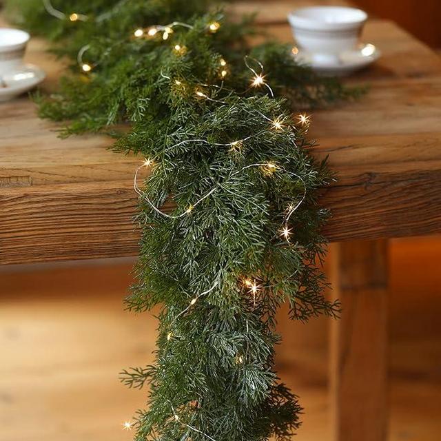 6FT Christmas Garland PARTY JOY Cedar Garland with 9.8FT LED Lights String, Greenery Plant for Christmas Decorations Table Mantle Background Wall Room Outdoor Indoor Winter Decoration