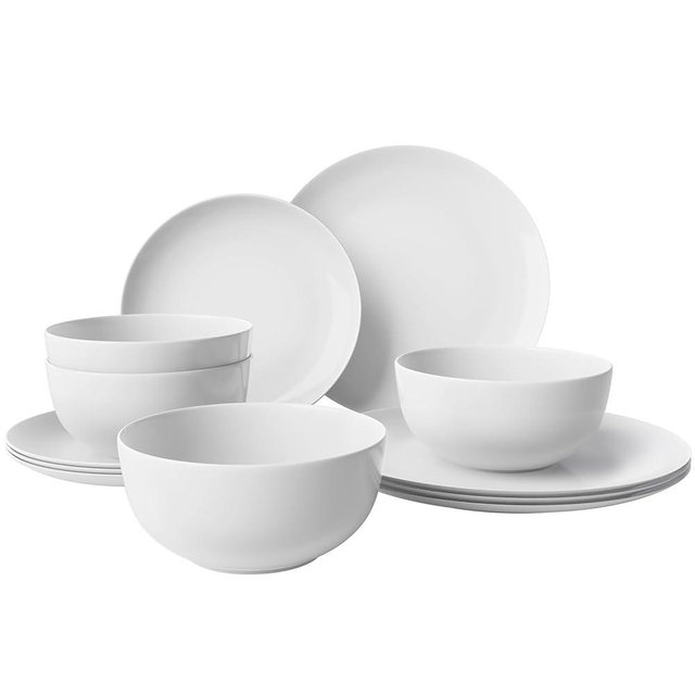 Yoshy 12-Piece White Bone China Dinnerware with Lightweight Durable Chip Resistant Design Service for 4