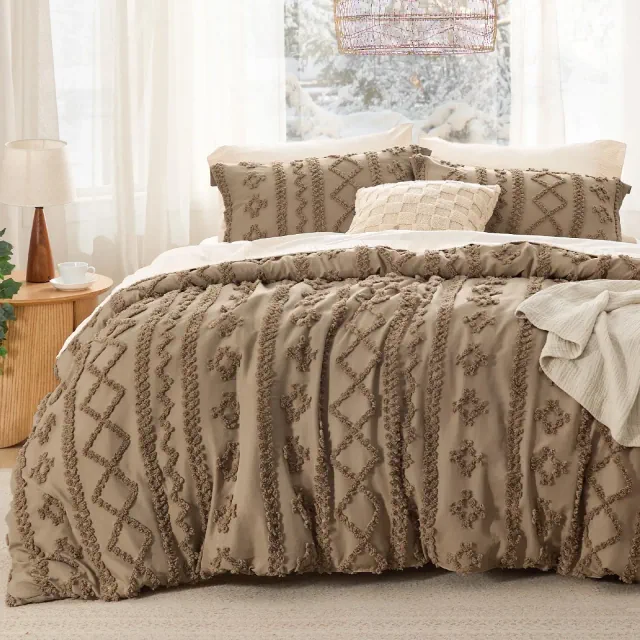 3Pcs Tufted Boho Farmhouse Shabby Chic Embroidery Brown Queen Size Comforter Set - Bedsure