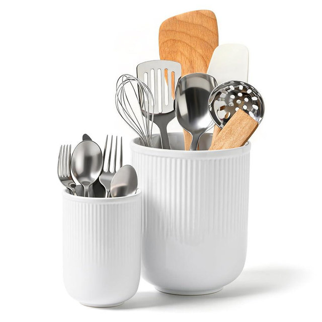 FOBENTA Utensil Holder, 7.3’’+5.4’’ Ceramic Kitchen Utensil Holder for Countertop, Large Utensil Crock–Cooking Utensil Organizer for Spatula & Spoon, Modern Kitchen Decor, Set of 2, White