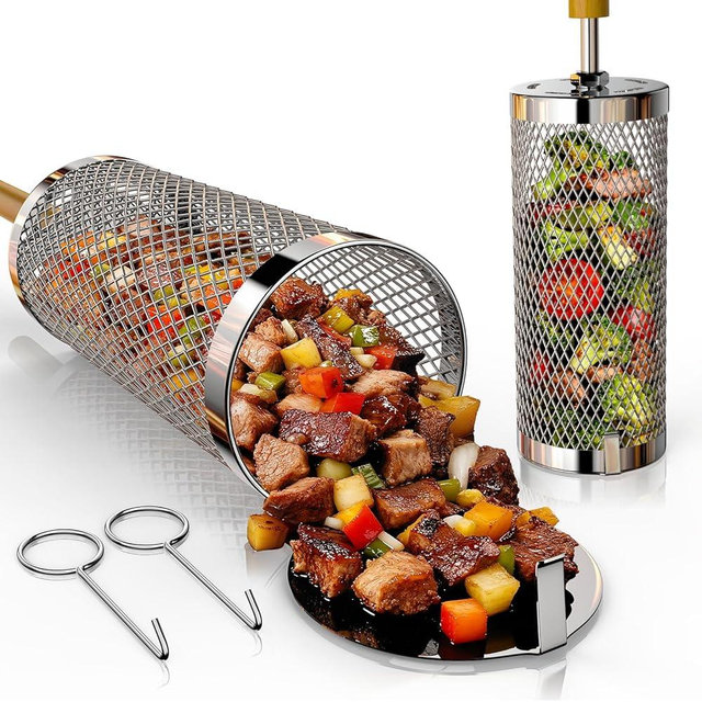 Basinel Rolling Grill Basket 2-Pack,304 Stainless Steel Grill Basket with Removable Wooden Handle,BBQ Tool & Smoker Accessory for Veg & Shrimp,Ideal for Outdoor Cooking,Camping & Gifts for Dad/Husband/Men