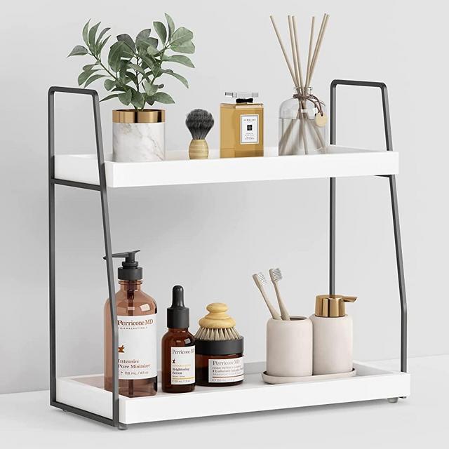 Forbena Bathroom Counter Organizer, 2 Tier Bathrooom Organizer Over Toilet, Wood Countertop Corner Organizer Shelf for Vanity Accessories, Sink Organizer Tray for Makeup Bedroom (White-Grey)