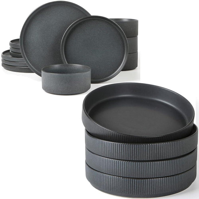 Famiware Star Dinnerware Set with Plates and Bowls, Service for 4 (16-Piece), Stoneware Kitchen Dishes Dinner Sets - Full Glaze Matte Dark Charcoal