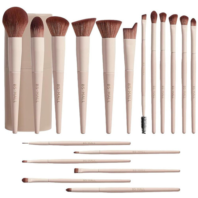 BS-MALL Makeup Brush Set 18 Pcs Premium Synthetic Foundation Powder Concealers Eye shadows Blush Makeup Brushes with black case (Matte white beige)