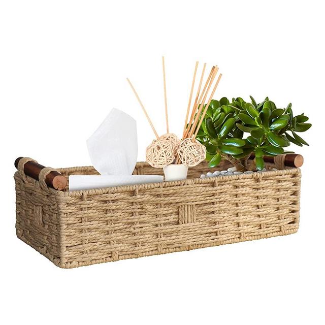 Round Paper Rope Storage Basket Wicker Baskets for Organizing with Handle Decorative Storage Bins for Countertop Toilet Paper Basket for Toilet Tank Top Small Baskets Set,Beige