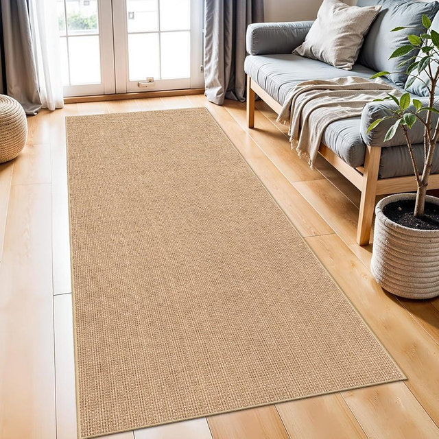 BYYVOO 2x6 Jute Woven Runner Rug: Non-Slip Backing Solid Color Pattern - Easy Clean Carpet for Hallway Kitchen - Washable Thin Indoor Rugs for High Traffic Areas Farmhouse Home Decor (Beige,2x6)