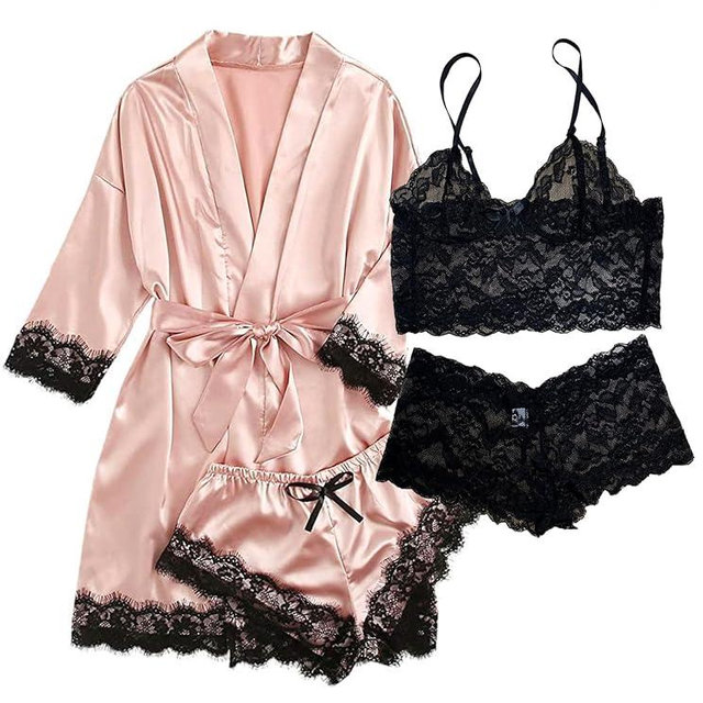 Hellomamma Silk Pajama Sets for Women: Satin Sexy Lingerie 4 Piece Sleepwear Cami Lace Pjs Set with Robes