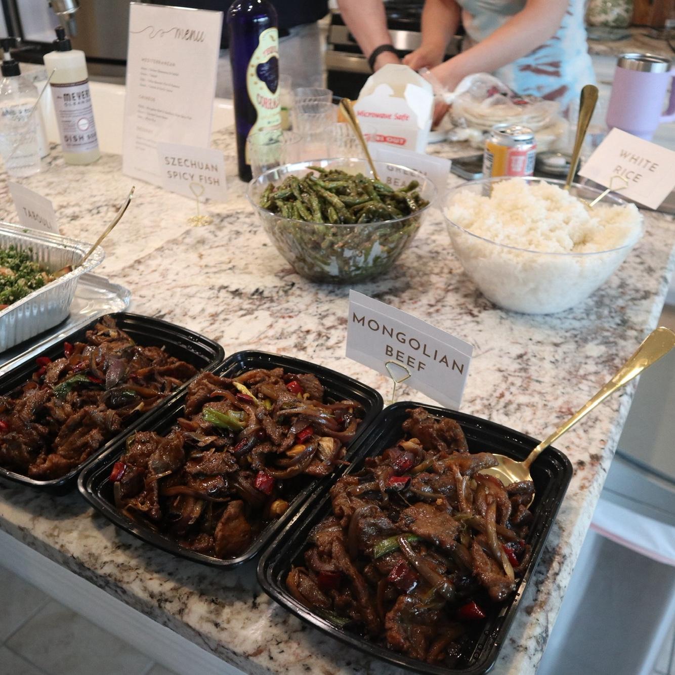 Chinese food line up from a local restaurant (Mongolian beef, garlic green beans, not pictured: Szechuan crispy fish)