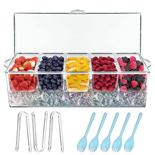 INNOVATIVE LIFE Bar Serving Tray on Ice with 5 Compartments Container, Fruit Trays for Serving for Party, Party Platters for Serving Food, Garnish Platters with Lid for Bar, Clear