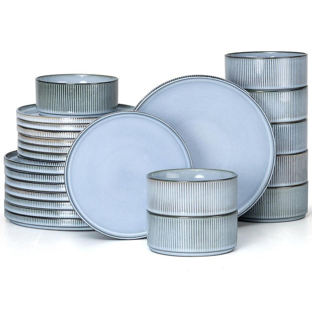 E-far 24-Piece Stoneware Dinnerware Sets, Plates and Bowls Sets for 8, Kitchen Modern Dinning Porcelain Dishes Set, Chip & Scratch Resistant, Dishwasher & Microwave Safe, Dusty Blue