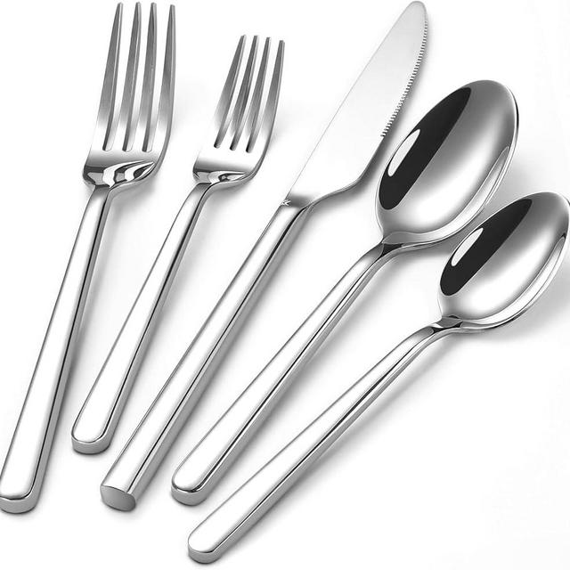 40-Piece Silverware Set, 18/0 Stainless Steel Flatware Set for 8, Heavy-Duty Cutlery Set with Modern Round Handle, Mirror Polished Silverware for Home, Wedding, Restaurant, Dishwasher Safe