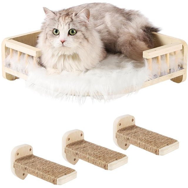 COOLEX Cat Wall Shelves, Cat Shelves and Perches for Wall, Corner Cat Shelf, Cat Wall Furniture with 3 Steps Scratch Post, Cat Bed Hammock with Plush Covered, Climbing Shelf for Indoor Cats (Wood)