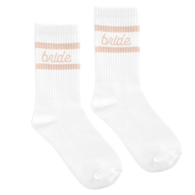 xo, Fetti Bride Socks, White + Tan | Bride To Be Gift, Bachelorette Party Favor, Bach Party Decorations, Wedding Day Sandals, Bridesmaid Gift, Bridal Shower Party Favor