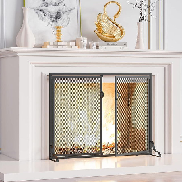 Kingson 37.8x30.7 in Flat Fireplace Screen with Doors, 2-Pannel Handcrafted Solid Wrought Iron Decorative Mesh Classic Fireplace Spark Guard-Black