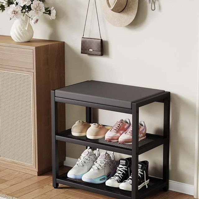 Entry: door mat, shoe rack, coat hooks