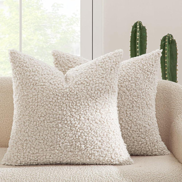 MIULEE Pack of 2 Throw Pillow Covers 24x24 Inch Neutral Light Beige Faux Fur Decorative Sherpa Pillow Covers Fuzzy Accent Soft Sheepskin Fleece Cushion Cases for Boho Home Decor Couch Living Room Bed