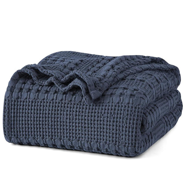 PHF 100% Cotton Waffle Weave Blanket Queen Size, Soft Lightweight Breathable Cozy Blankets for Bed, Luxury Aesthetic Woven Bedding for Home Decor, 90"x90", Dark Navy