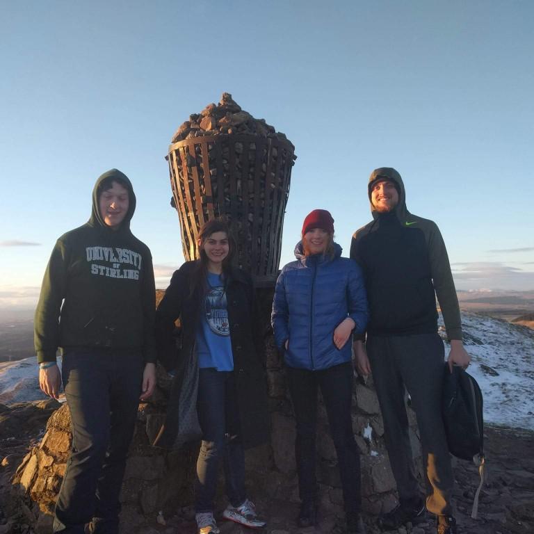 At the beacon brazier atop Dumayat of the Ochils, Stirling - Scotland with English and Finnish friends Calum and Selina