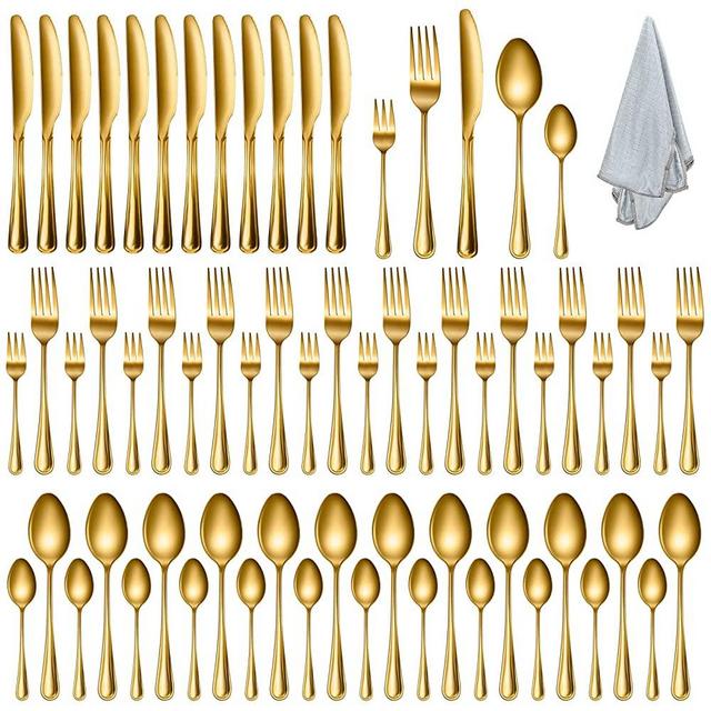 KONIGEEHRE 60 PCS Mirror Gold Silverware Set for 12, Stainless Steel Flatware Cutlery Set For Home Restaurant Hotel, Kitchen Utensils Set, Mirror Polished, Dishwasher Safe