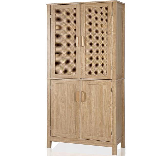 MISHAO 71" Kitchen Pantry Storage Cabinet, Tall Storage Cabinet with Rattan Doors & Adjustable Shelves, Freestanding Cupboard Wood Pantry for Kitchen, Living Room, Dining Room Hallway, Natural