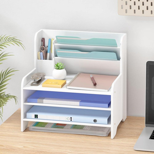 Wisuce Essentials Bamboo Desk Organizer Mail Holder Countertop Letter Tray File Organizer for Desk Letter Sorter Paper File Storage for School Home Office Supplies