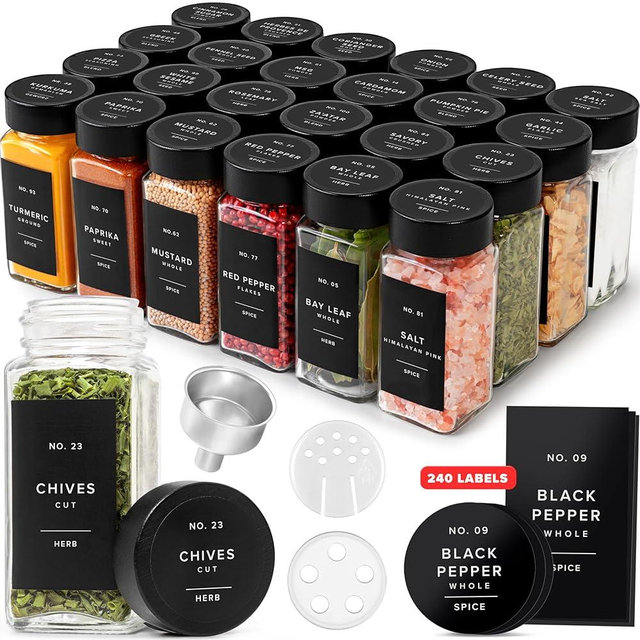 EDELHAUS® Square Spice Jars with Bamboo Wooden Lid (Pack of 24) Spice Jars with Shaker Insert and 240 Labels - Bamboo Lid Glass Container for Spice Organisation [4.3 in × 1.8 in]