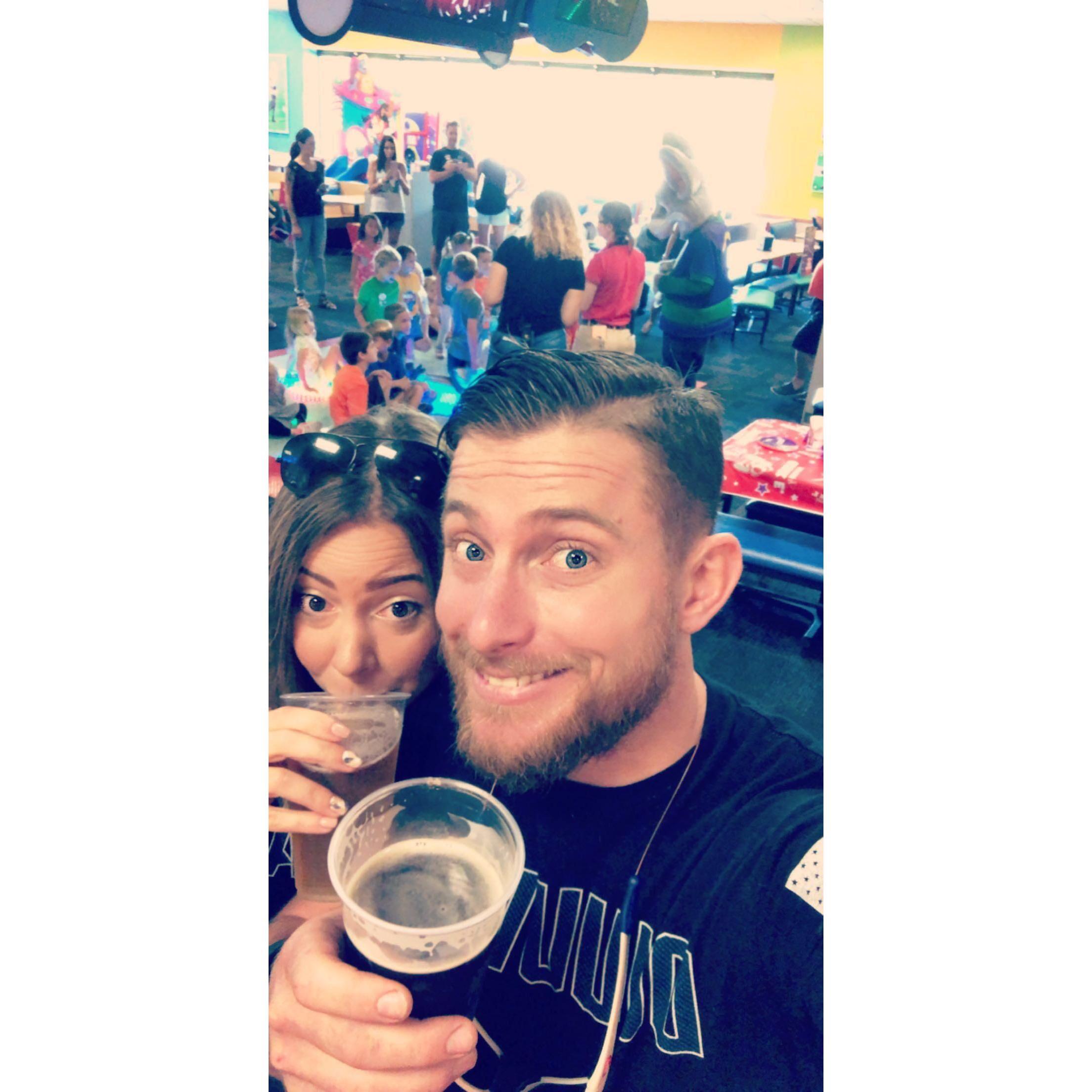 We discovered Chucky Cheese served beer on football Sunday.