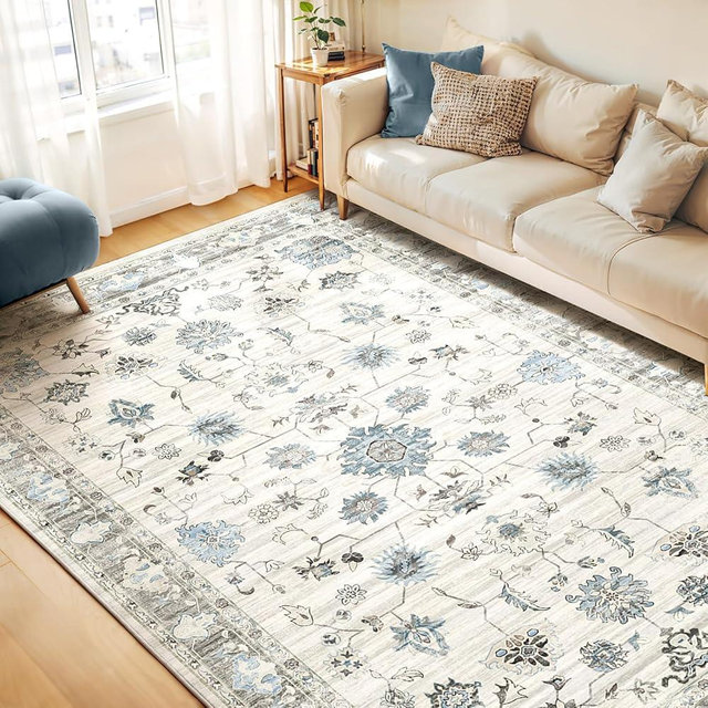 WITSHOCK Machine Washable 9X12 Area Rugs for Living Room Rug, Bedroom Kitchen Rugs, Vintage Carpet Kitchen Rugs Non-Slip Stain Low Pile Resistant Floor Carpet Indoor Entryway Rug, Camel Blue