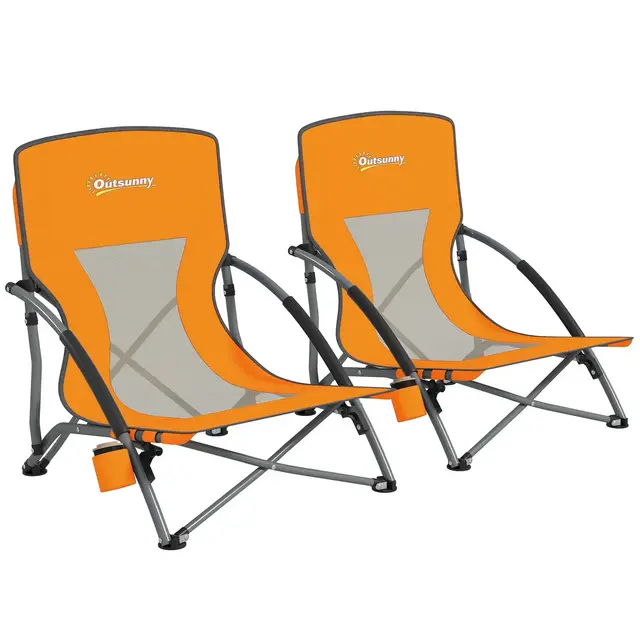 Outsunny Set of 2 Folding Beach Chair, Beach Chairs with Mesh Back, Carry Bag and Cup Holder for Outdoor Camping Lawn Sports Picnic, Orange
