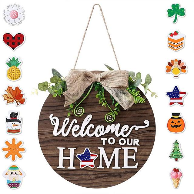 Forwedo Wooden Seasonal Holiday Welcome Sign for Front Door Decor -14 Holiday Interchangeable Icons- Rustic Wall Hanging Porch Decorations For Farmhouse Outdoor, Independence Day,Housewarming Gifts