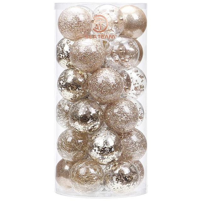 Sea Team 60mm/2.36" Shatterproof Clear Plastic Christmas Ball Ornaments Decorative Xmas Balls Baubles Set with Stuffed Delicate Decorations (30 Counts, Champagne)