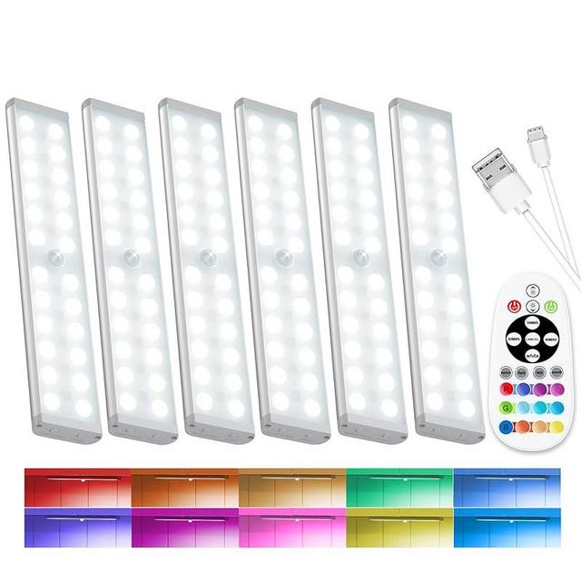 SZOKLED 58-LED Motion Sensor Under Cabinet Lights Wireless, RGB Closet Light Night Lights Remote, 1100mAh Rechargeable Under Cabinet Lighting Counter Lights for Indoor Kitchen, Stair (6 Packs)
