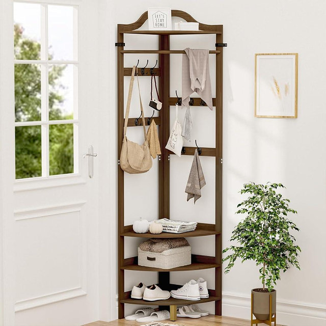 AMBIRD Bamboo Corner Coat Rack, 4-Tier Corner Hall Tree with Bench and Shoe Storage, Entryway Organizer with 10 Metal Hooks & Clothes Rod, Freestanding Clothes Rack for Hallway, Bedroom, Living Room