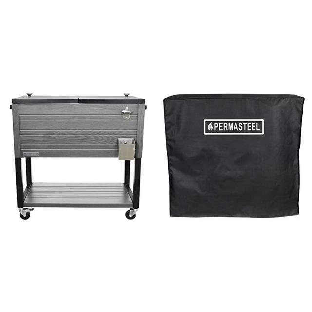 Permasteel 80-Quart Outdoor Patio Cooler, Gray & PA-30385 37" Patio Cooler Cover, Heavy Duty Weatherproof Fabric, Black