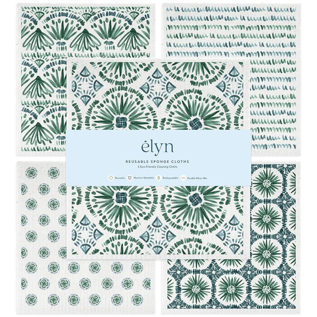 ELYN Swedish Dishcloths, Reusable & Washable Sponge Cloths, Absorbent Cleaning Paper Towels for Kitchen, Dishes, Counters and More, 5 Pack, Assorted Bohemian Patterns