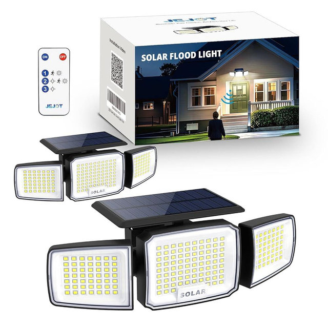 JEJOT Solar Security Light Outdoor Super Bright LED, Motion Sensor Flood Light, 3 Heads 270° Wide Angle, Remote Control,IP65 Waterproof, 3 Modes (2 Packs)
