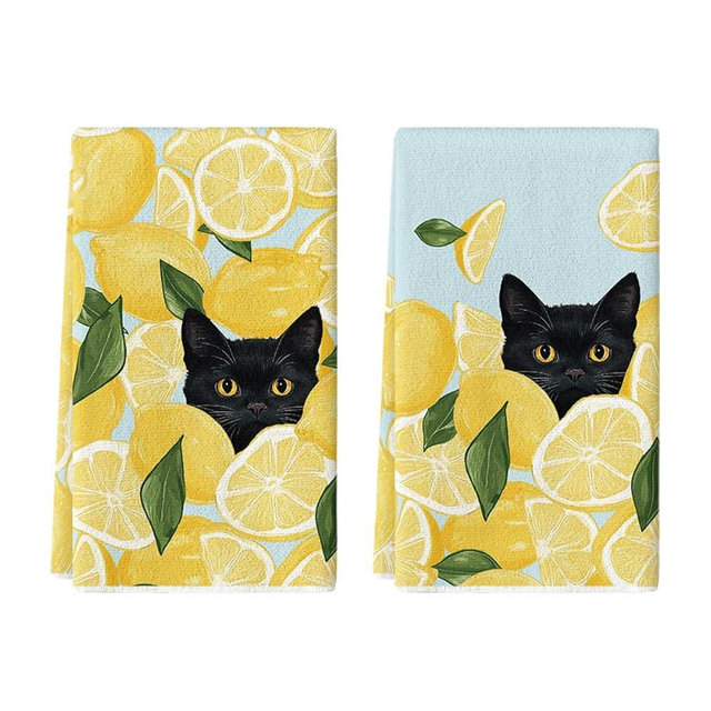 Artoid Mode Yellow Lemon Black Cat Summer Kitchen Towels Dish Towels, 18x26 Inch Leaves Farmhouse Summer Seasonal Decoration Hand Towels Set of 2