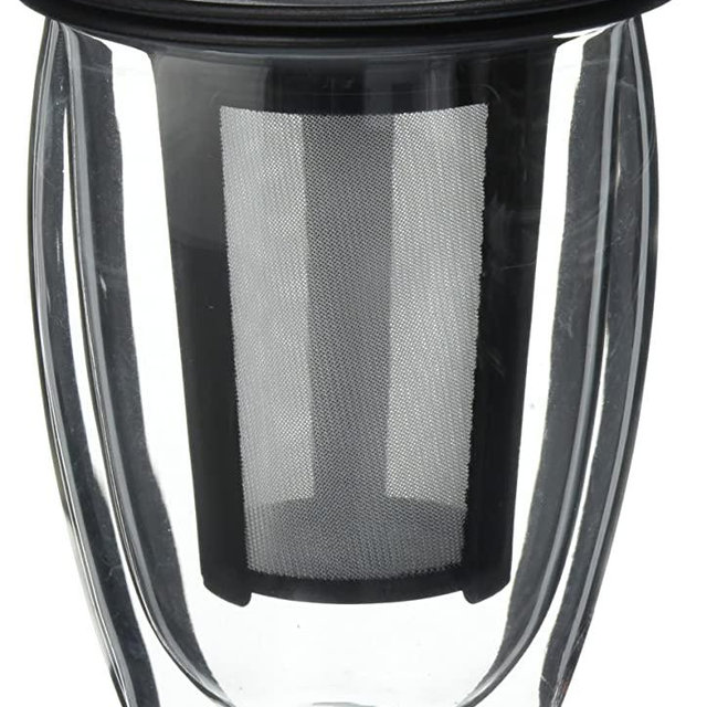Bodum One Tea Strainer with Pavina Double Wall Glass Set, 12 Oz, Black