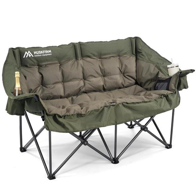 Huskfirm Double Camping Chairs Padded Loveseat Chair for 2 Person - Heavy Duty Oversized Camping Couch for Adults Outdoor Lawn Beach - Portable Folding Sofa with Cup Holders and Carry Bag, Green