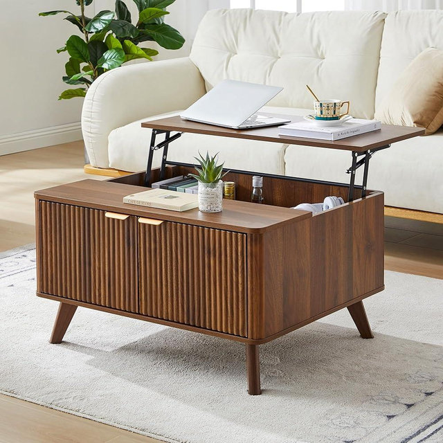 Lift Top Coffee Table with Large Storage Hidden Compartment, 31.5” Wooden Center Table with Fluted Doors, Mid-Century Modern Lift Tabletop Coffee Tables Dining Table for Living Room Home Office,Walnut