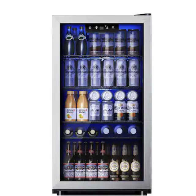 SIMZLIFE - 130 Can Beverage Refrigerator and Cooler with Glass Door for Home, 17.3 in D, 31.3 in H, 3.2 cubic feet - Silver