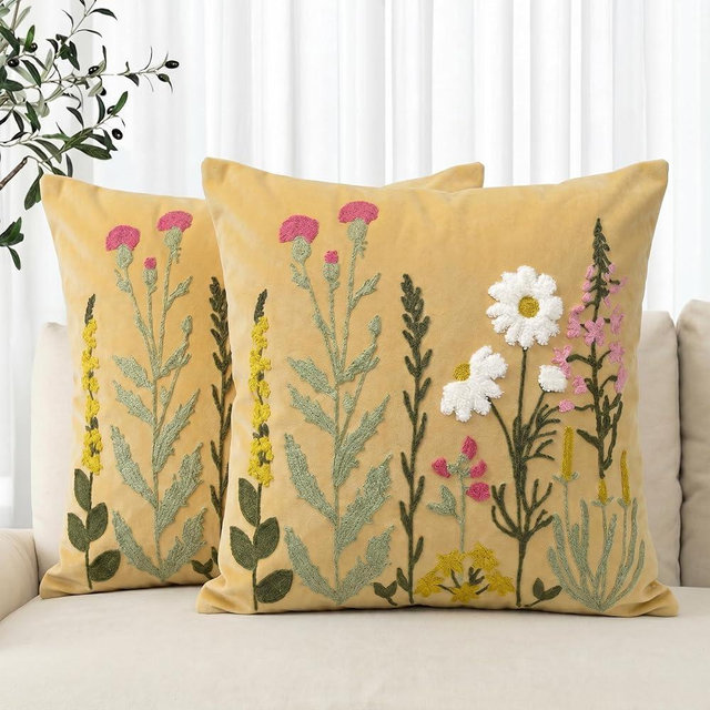 AVOIN colorlife Spring Summer Floral Daisy Embroidered Throw Pillow Covers, 18 x 18 Inch Shallow Camel Colorful Flowers Decor Tufted Patterned Linen Cushion Case for Sofa Couch Set of 2