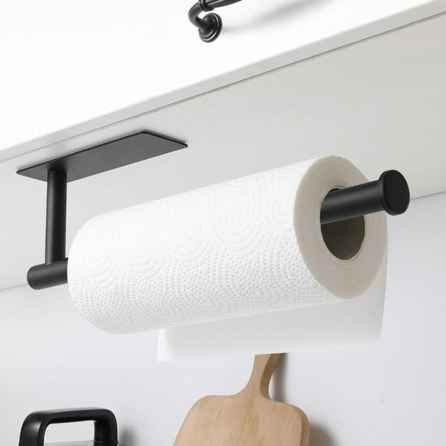 theaoo Paper Towel Holder - Under Cabinet Paper Towel Holder for Kitchen, Adhesive Paper Towel Roll Rack for Bathroom Towel, Wall Mounted Matte Black Paper Towel Rack, SUS304 Stainless Steel(1, Black)