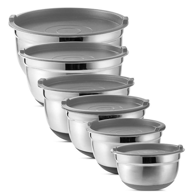 Country Kitchen Mixing Bowls with Airtight Lids - 12 piece Stainless Steel Metal Nesting Storage Bowls, Non-Slip Bottoms (Grey)