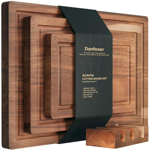 Danfoxer Set of 3 Acacia Wood Cutting Board Set,Wooden Chopping Boards with Juice Groove and Stand Holder for Kitchen,Butcher Block for Meat,Vegetables, Fruit